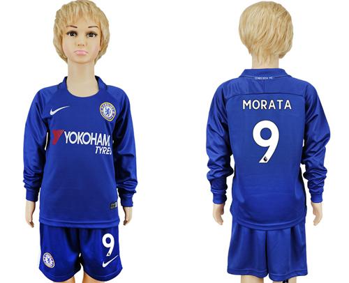 Chelsea #9 Morata Home Long Sleeves Kid Soccer Club Jersey